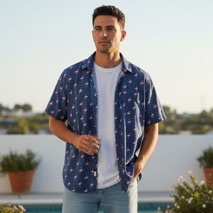 Good Vibes by DRILL Flamingo Print Slim Fit Blue Short Sleeve Button Up Shirt